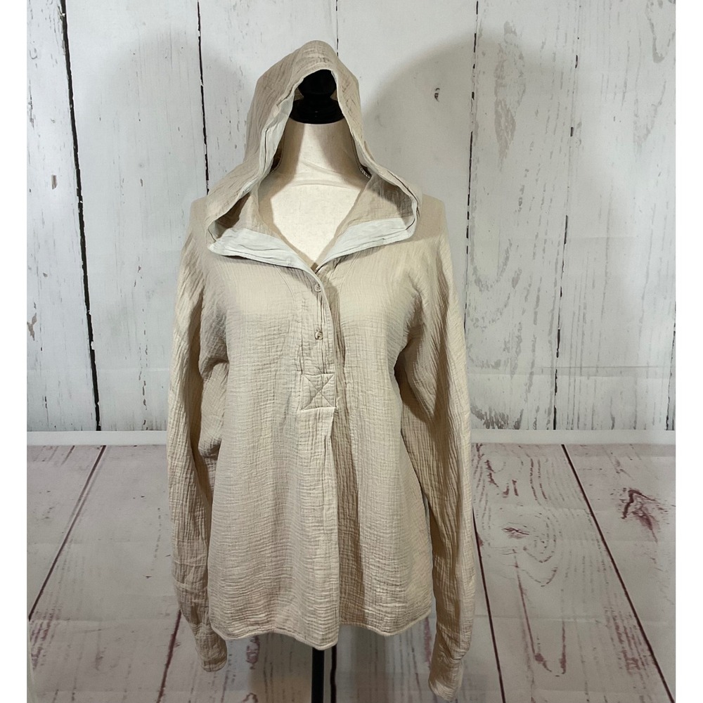P Cill Gauze Pullover Hoodie Top L Beige Oversized Neutral Lagenlook Minimalist